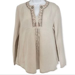 Women’s Linen Long Sleeve Blouse With Embroidered Details Around The Collar